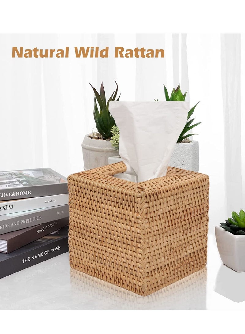 Tissue Box Cover,  Square Rattan Tissue Box Holder, Tissue Decorative Holder/Organizer for Bathroom Vanity Countertop, Night Stands, Office Desk, Facial Napkin Holder Organizer