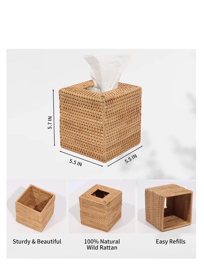 Tissue Box Cover,  Square Rattan Tissue Box Holder, Tissue Decorative Holder/Organizer for Bathroom Vanity Countertop, Night Stands, Office Desk, Facial Napkin Holder Organizer