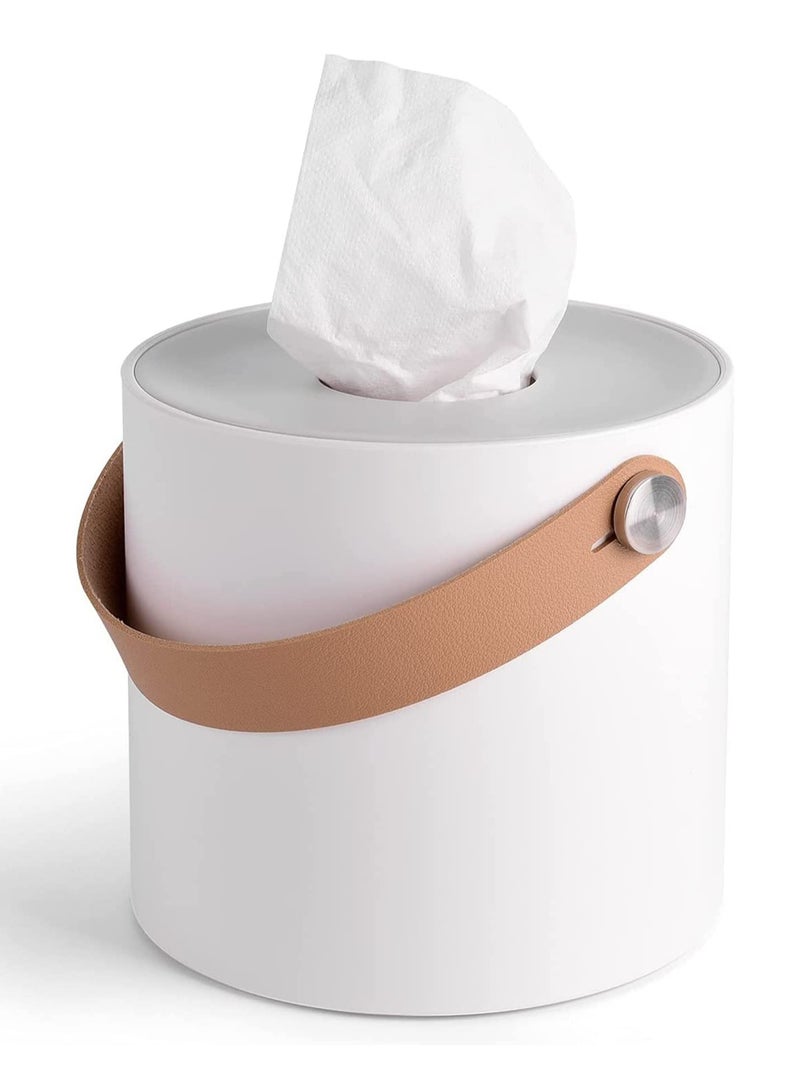 Tissue Box Holder, Tissue Dispenser Modern Round Plastic Box Cover Napkin Organizer with Leather Handles for Bathroom Vanity Tops, Dressers, Bedside Tables, Desks and Tables (White)