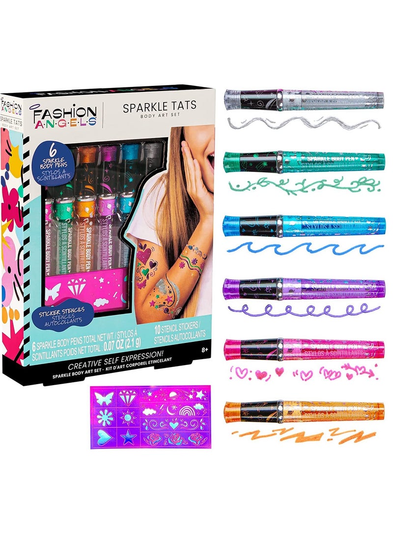 6 In 1 Sparkle Art Temporary Tattoos for Kids Shimmery Tattoo Pens Washable Ink 6 Markers with Stencil Stickers for Girls Boys Theme Party Birthday Gifts Supplies Decorations