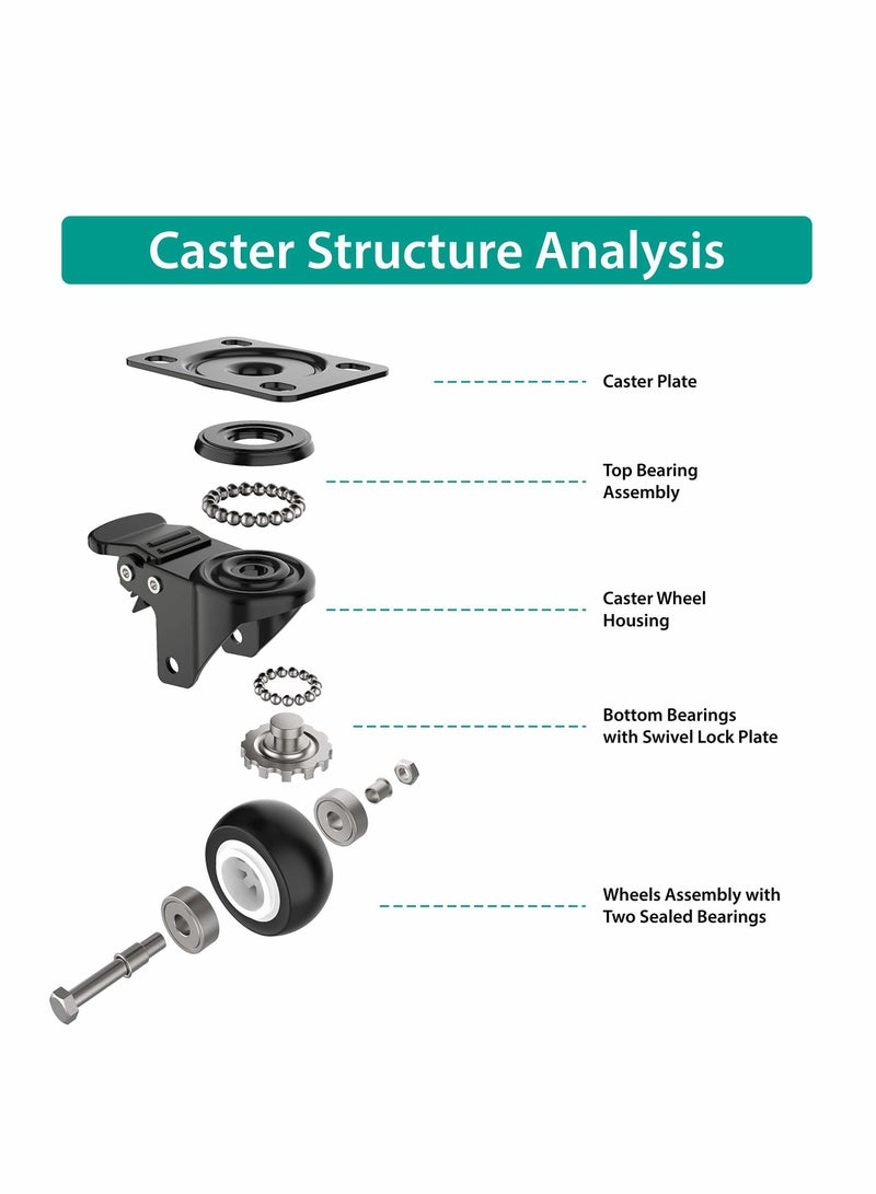 2 Inch Swivel Caster Wheels, Heavy Duty Plate Casters with Safety Brake Total Capacity 600lbs, 360 Degree Rotation Pulley for Set of 4 (2 with Brakes and 2 without)