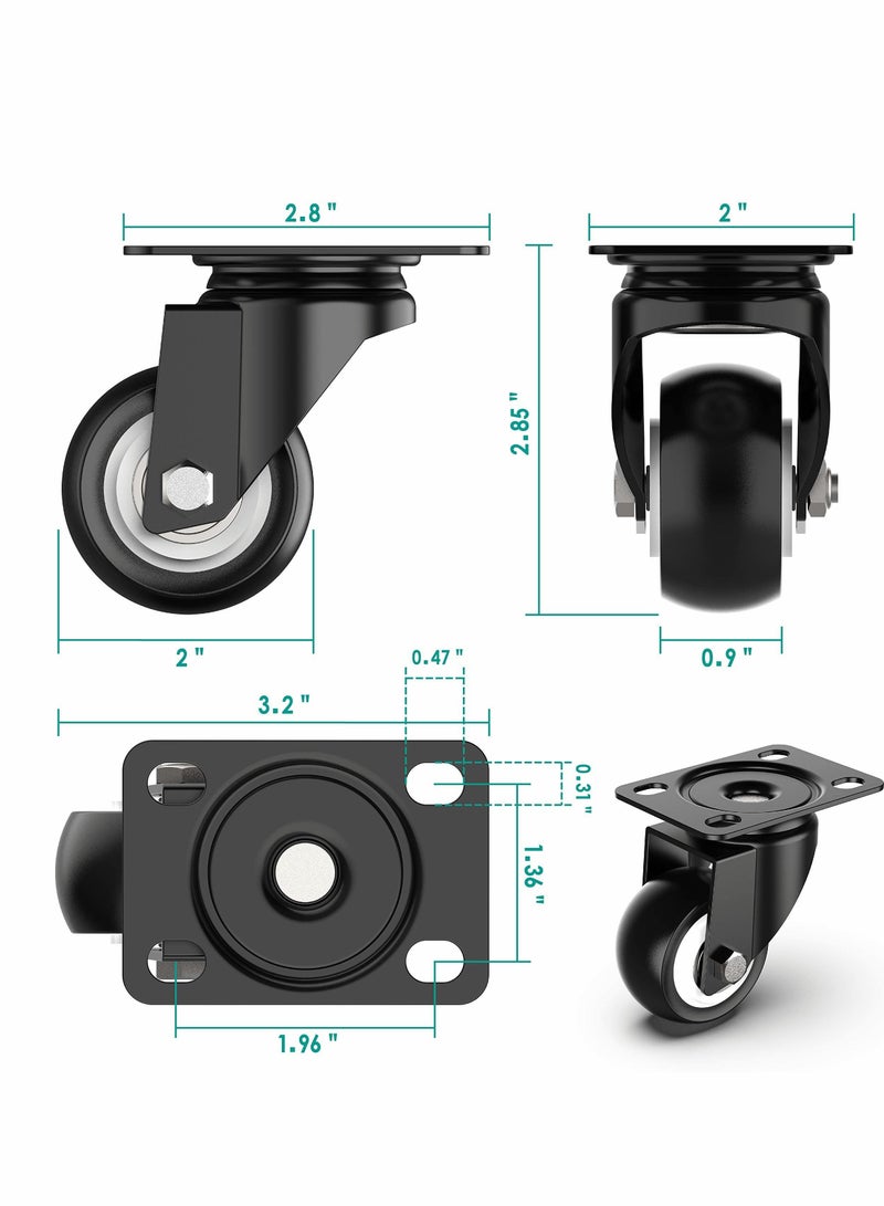 2 Inch Swivel Caster Wheels, Heavy Duty Plate Casters with Safety Brake Total Capacity 600lbs, 360 Degree Rotation Pulley for Set of 4 (2 with Brakes and 2 without)