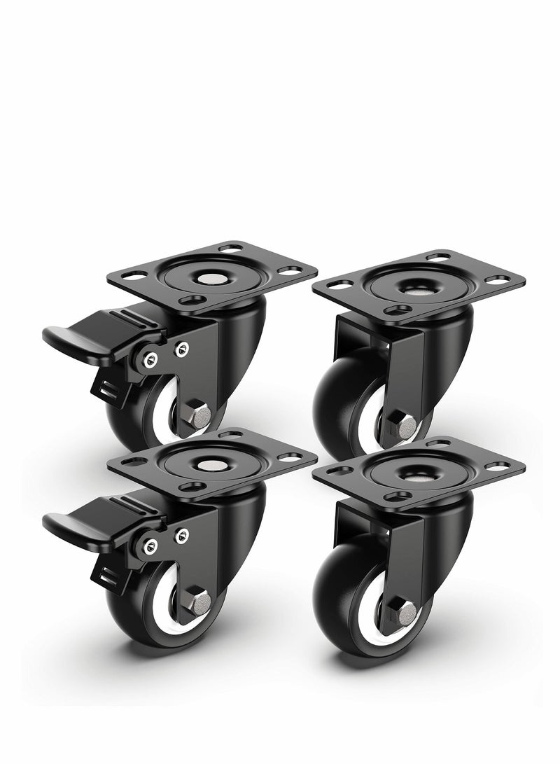 2 Inch Swivel Caster Wheels, Heavy Duty Plate Casters with Safety Brake Total Capacity 600lbs, 360 Degree Rotation Pulley for Set of 4 (2 with Brakes and 2 without)