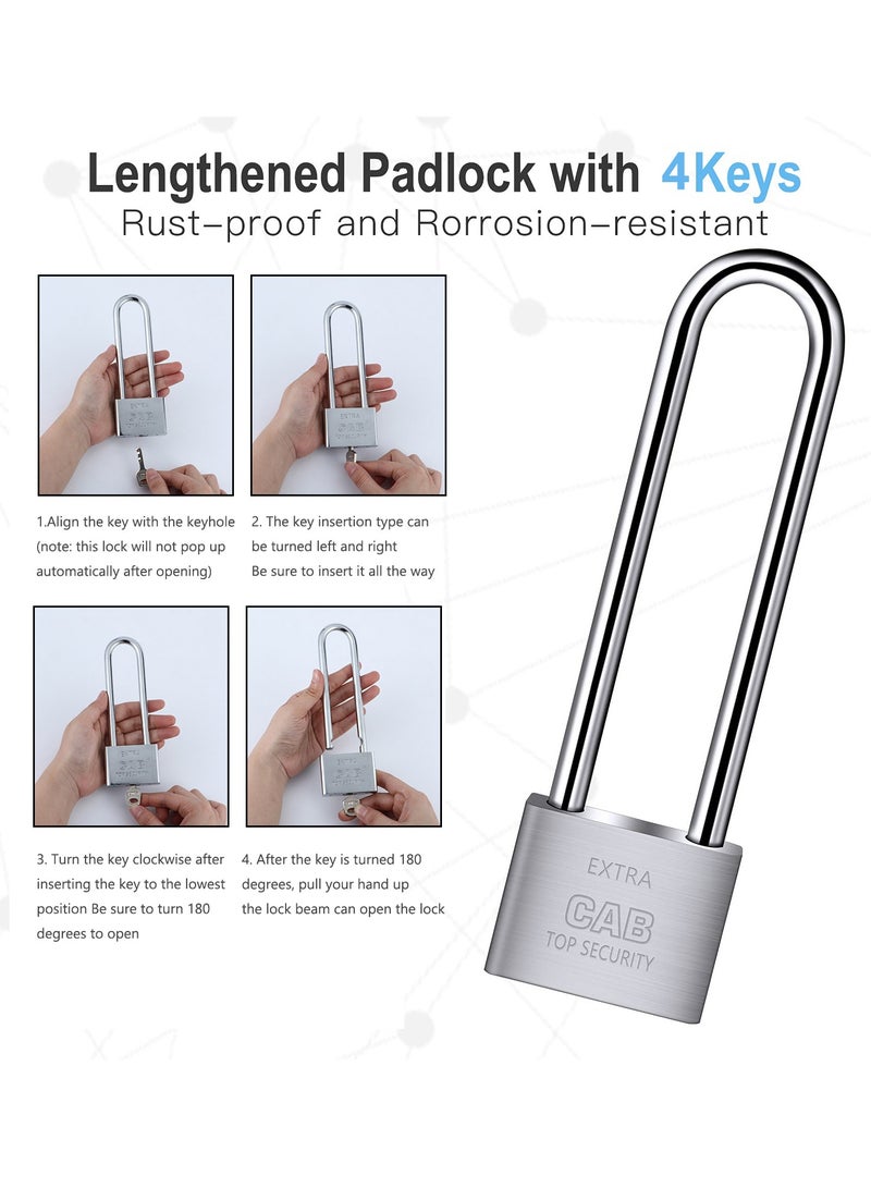 Lengthened Padlock with 4 Keys, 6.4 Inch Long Shackle Padlock Heavy Duty Lock Waterproof High Security Outdoor Padlock for Warehouses Container Doors Garage Shed