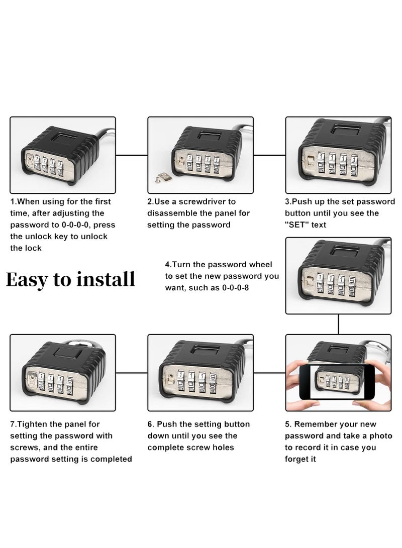 Heavy Duty Combination Padlocks Outdoor, 52mm Stainless Steel 4 Digit Locker Code Padlock Weatherproof, 4 Digit Combination Padlock for Home Shed Fence Warehouse Garage Black