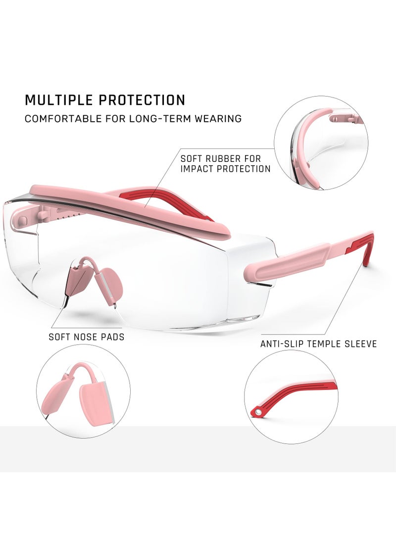 SYOSI Safety Glasses, Safety Goggle With Adjustable Frame And Temples Fog & Scratch Resistant UV Protective Compatible Glasses (Pink)