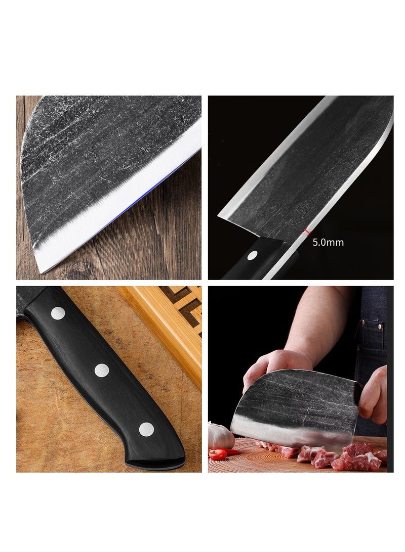 6.7 Inch Chef Meat Knife Full Tang Serbian Chefs knife Forging Kitchen Knives Wood Handle Set with Leather Sheath Butcher Knife Outdoor Meat Vegetable Cleaver for Family BBQ or Camping