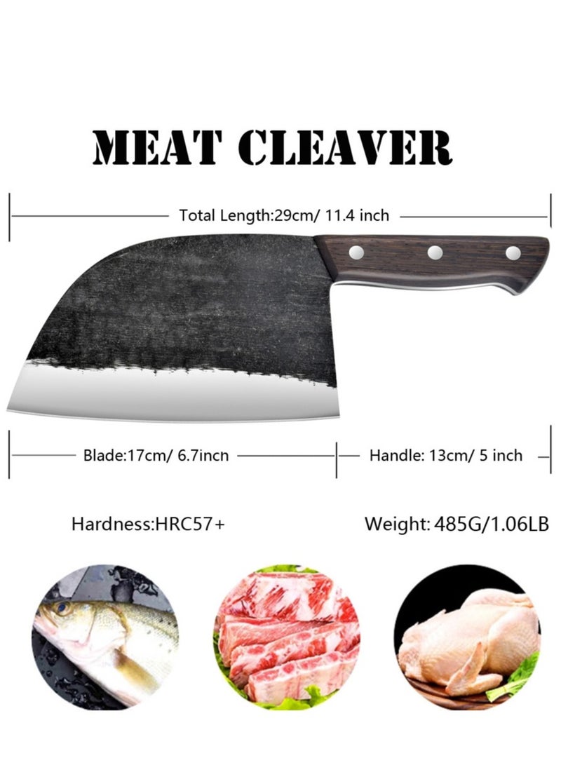 6.7 Inch Chef Meat Knife Full Tang Serbian Chefs knife Forging Kitchen Knives Wood Handle Set with Leather Sheath Butcher Knife Outdoor Meat Vegetable Cleaver for Family BBQ or Camping