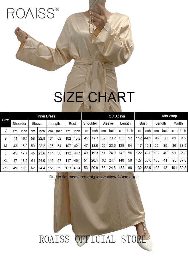 3 Pcs of Women's Clothes Set Solid Color Abaya for Women Ramadan Eid al-Adha Gift for Laides Wife Mother Cardigan Robe and Satin Dress and Waist Scarf