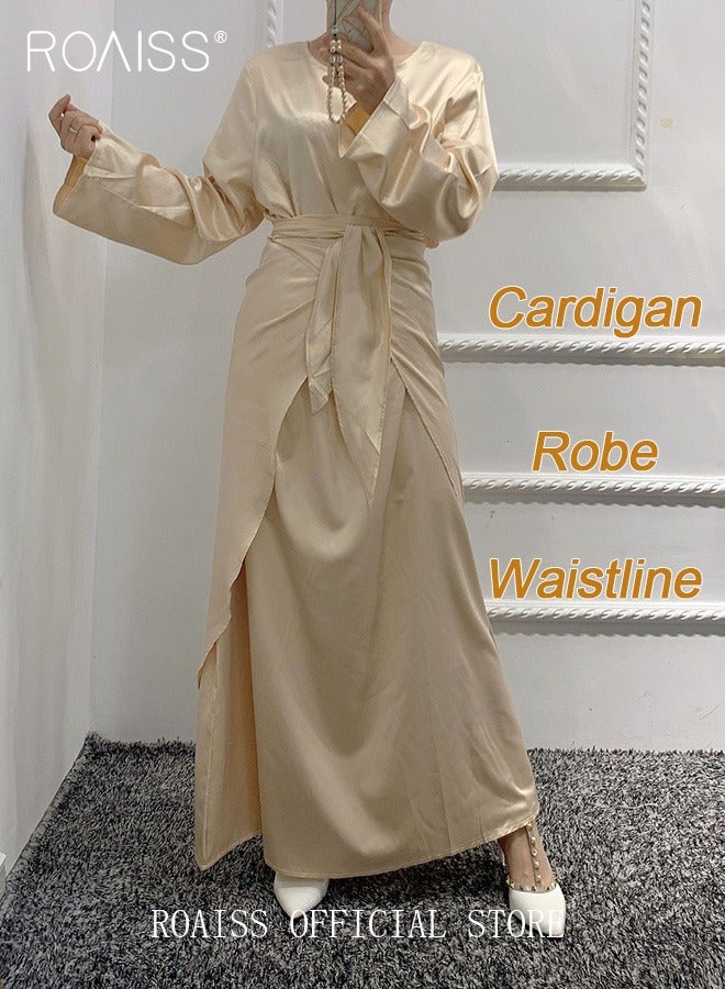 3 Pcs of Women's Clothes Set Solid Color Abaya for Women Ramadan Eid al-Adha Gift for Laides Wife Mother Cardigan Robe and Satin Dress and Waist Scarf