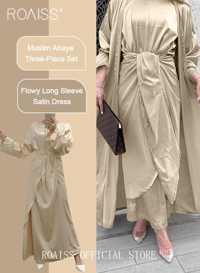 3 Pcs of Women's Clothes Set Solid Color Abaya for Women Ramadan Eid al-Adha Gift for Laides Wife Mother Cardigan Robe and Satin Dress and Waist Scarf