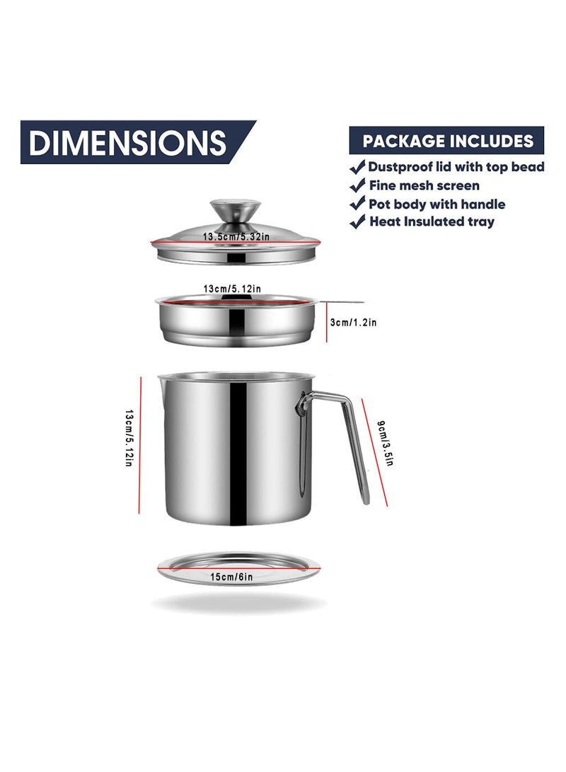 2L Grease Container with Strainer, Stainless Steel Oil Container for Storing Frying Oil and Cooking Grease, with Lid & Handle Suitable for Home Use