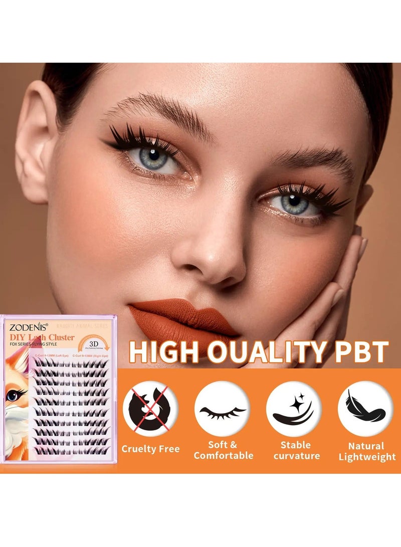120Pcs Lashes Cluster DIY Lash Extension Kit Fox Series 9-13mm Mix Individual Lashes Fox Eye Lashes Natural Look Cluster Lashes C Curl Wispy False Eyelashes Lashes Kit