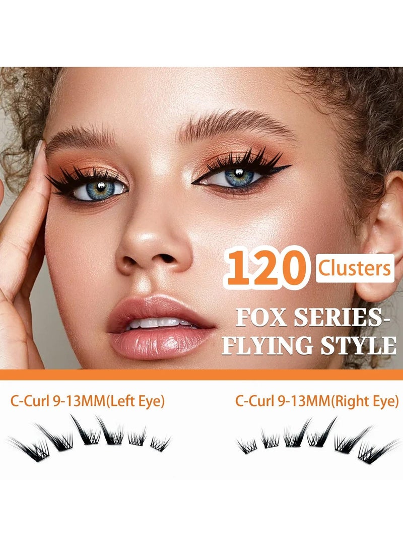 120Pcs Lashes Cluster DIY Lash Extension Kit Fox Series 9-13mm Mix Individual Lashes Fox Eye Lashes Natural Look Cluster Lashes C Curl Wispy False Eyelashes Lashes Kit