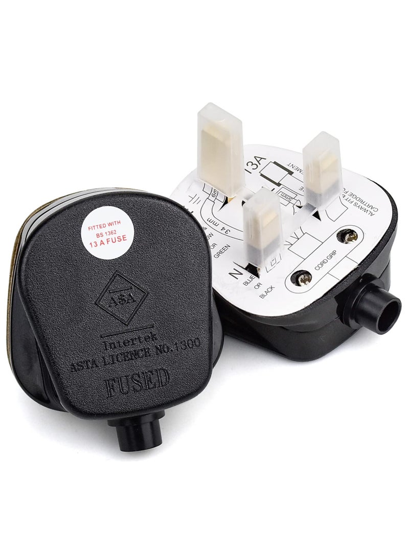 3 Pin UK Plug 13A Fused 250V Mains Plugs, UK Mains Plug for 13A 250V Black 3 Pin Plug 50-60 Hz (2Pcs)