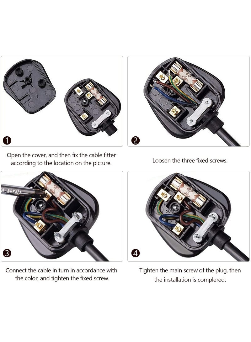 3 Pin UK Plug 13A Fused 250V Mains Plugs, UK Mains Plug for 13A 250V Black 3 Pin Plug 50-60 Hz (2Pcs)