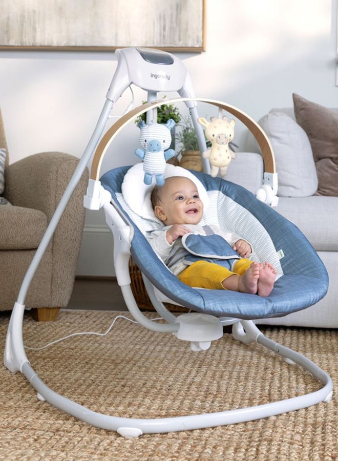 Simple Comfort Compact Soothing Swing With Usb Cord, Safety Harness, 2 Featuring Toys And Sounds, 0 - 9 Months, Chambray