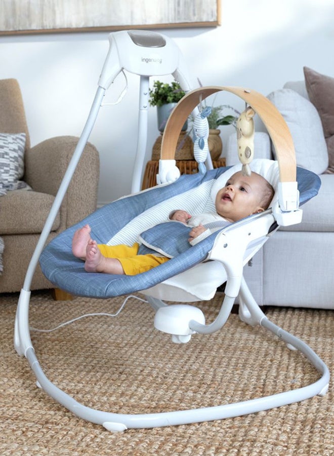 Simple Comfort Compact Soothing Swing With Usb Cord, Safety Harness, 2 Featuring Toys And Sounds, 0 - 9 Months, Chambray