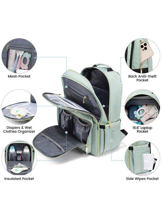Diaper Bag Backpack, Quilted Baby Bag With Changing Pad & Pacifier Holder, Waterproof Travel Diaper Bags With Usb Charging Port For Baby Boys Girls, Stylish And Large Capacity, Mint Green