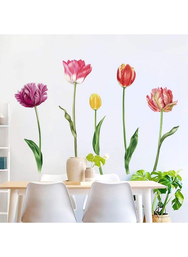 5 Large Tulip Flowers Wall Decals Garden Floral Wall Art Stickers Bedroom Living Room Home Decor Gifts For Mom(H: 37 Inches)