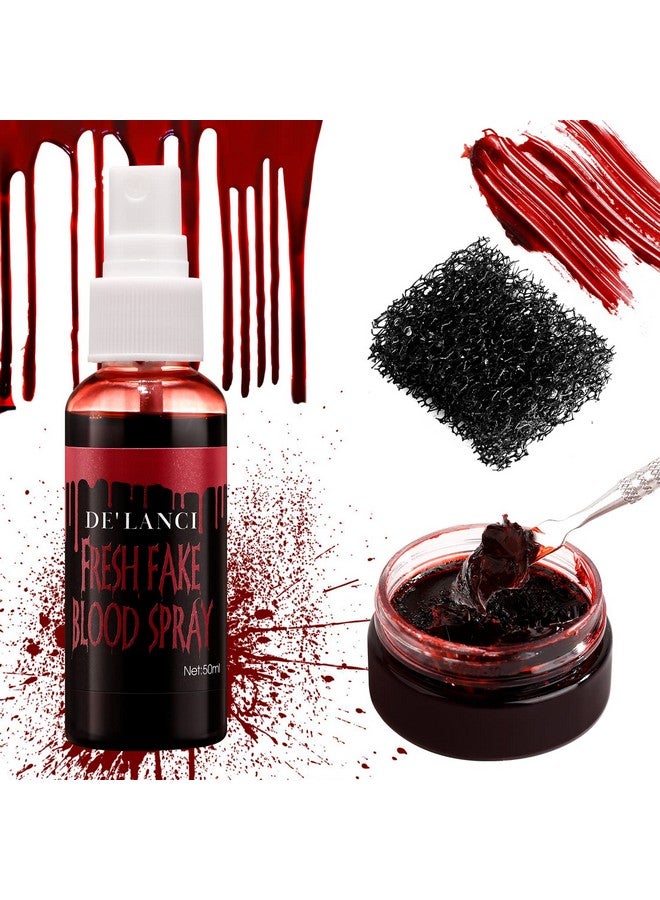 De'Lanci Fake Blood Spray Splatter + Fake Scabs Coagulated Blood Gel + Stipple Sponge Washable Fake Blood For Clothes Eyes Face Skin Fake Blood Makeup Kit For Halloween Vampire Zombie And Sfx Wound