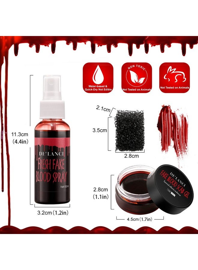 De'Lanci Fake Blood Spray Splatter + Fake Scabs Coagulated Blood Gel + Stipple Sponge Washable Fake Blood For Clothes Eyes Face Skin Fake Blood Makeup Kit For Halloween Vampire Zombie And Sfx Wound