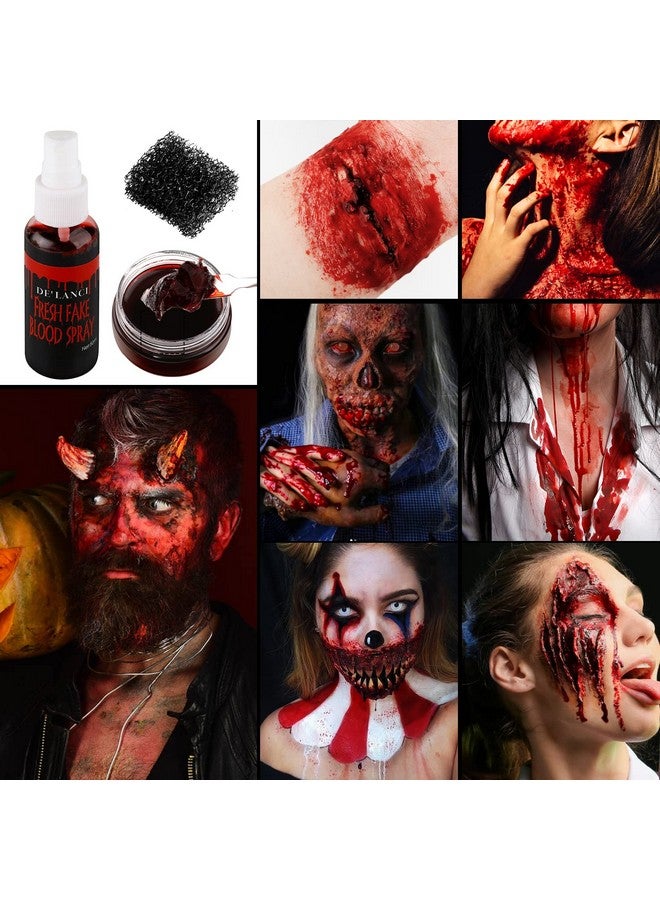 De'Lanci Fake Blood Spray Splatter + Fake Scabs Coagulated Blood Gel + Stipple Sponge Washable Fake Blood For Clothes Eyes Face Skin Fake Blood Makeup Kit For Halloween Vampire Zombie And Sfx Wound