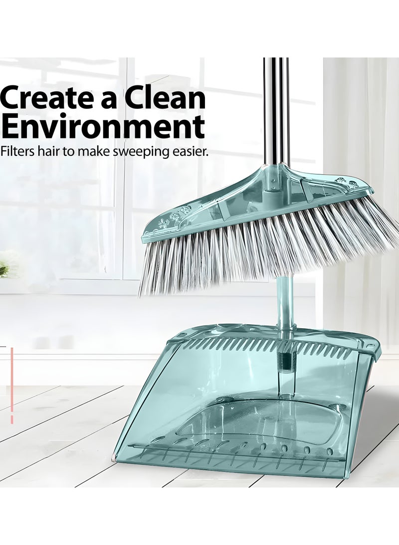 Drizo Broom and Dustpan Set, Long Handle Broom, Efficient Floor Cleaning, No Dust Left Behind, High-Quality Transparent Broom and Dustpan for Home Kitchen Office (Blue)