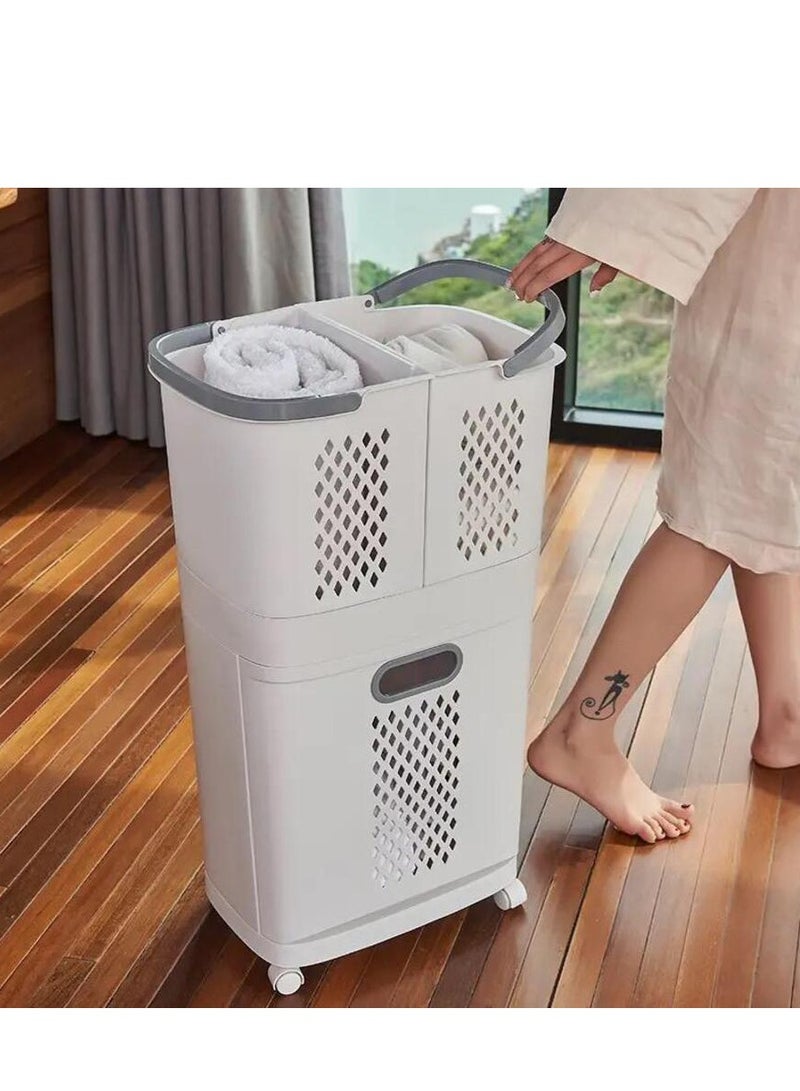 Laundry Baskets on Wheels, Laundry Trolley, Laundry Collector with 2 Layers, 3 Storage Baskets, Laundry Sorter for Bedroom, Bathroom for Clothes and Toys, Plastic