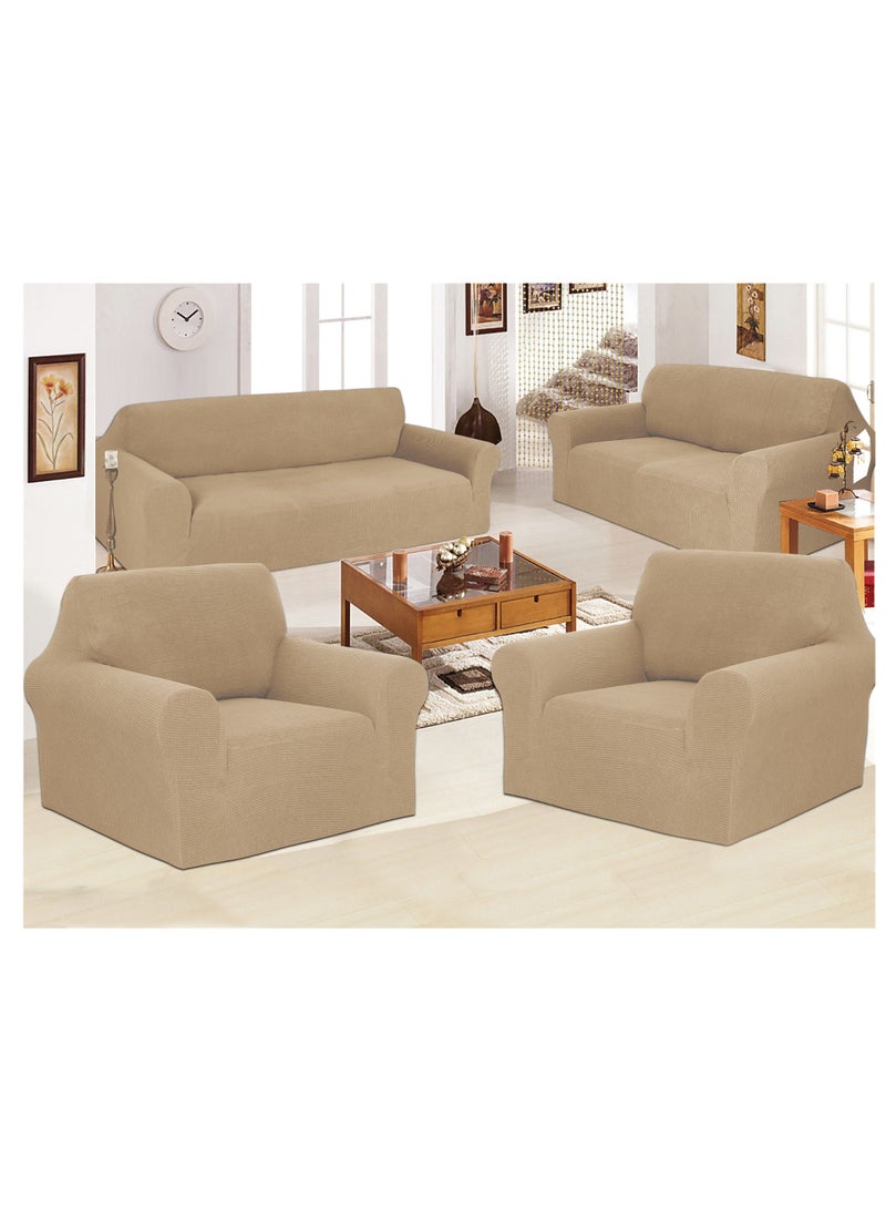 Stretch Fit 7 Seater Sofa Cover Set 3211 Combination Soft Brushed Fabric Couch Cover Exquisitely Full Coverage Furniture Protector Slipcover Seven Seater Fits on Standard and Recliner Sofa Sand Beige