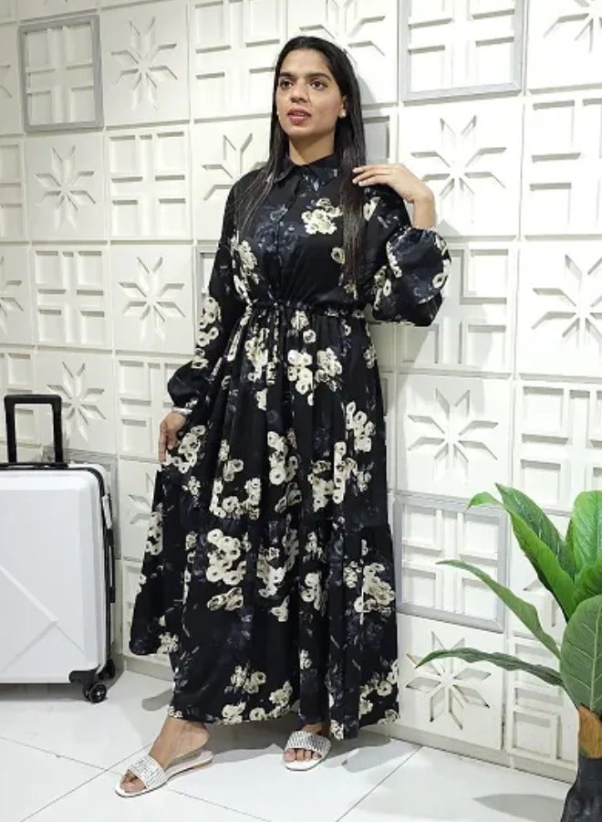 Floral Pattern Collar Neck Long Sleeves Button-Up Ruffle Hem Belted Long Maxi DORBE Dress