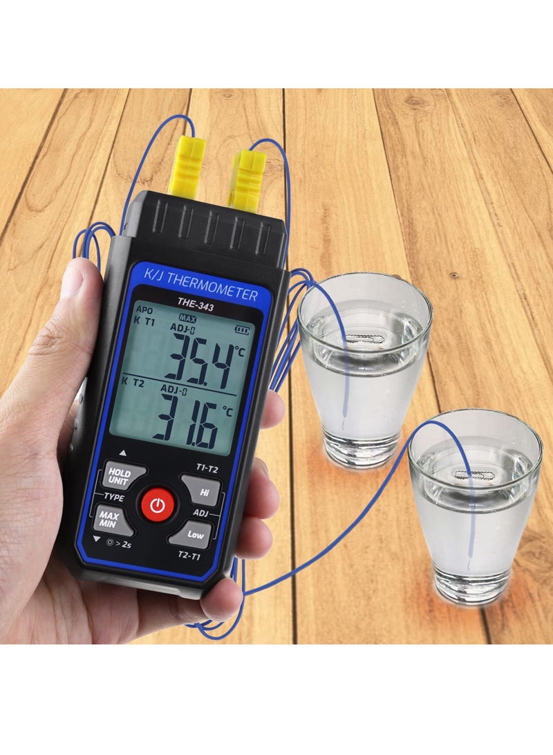 K/J Type Thermocouple Dual Channel Thermometer, T1-T2 Channel Temperature Measurement Wide Range Digital Thermometer with Backlight and Thermocouple Temperature Compensation