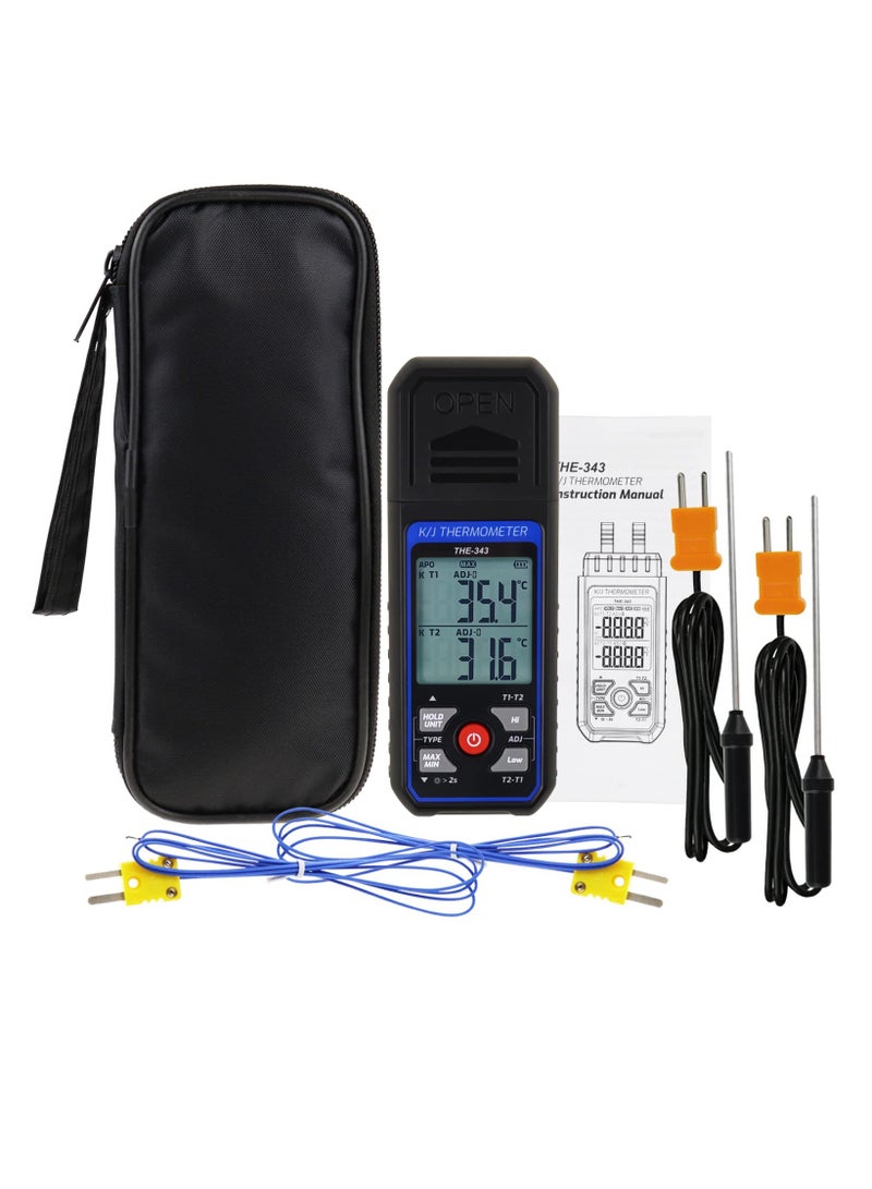 K/J Type Thermocouple Dual Channel Thermometer, T1-T2 Channel Temperature Measurement Wide Range Digital Thermometer with Backlight and Thermocouple Temperature Compensation