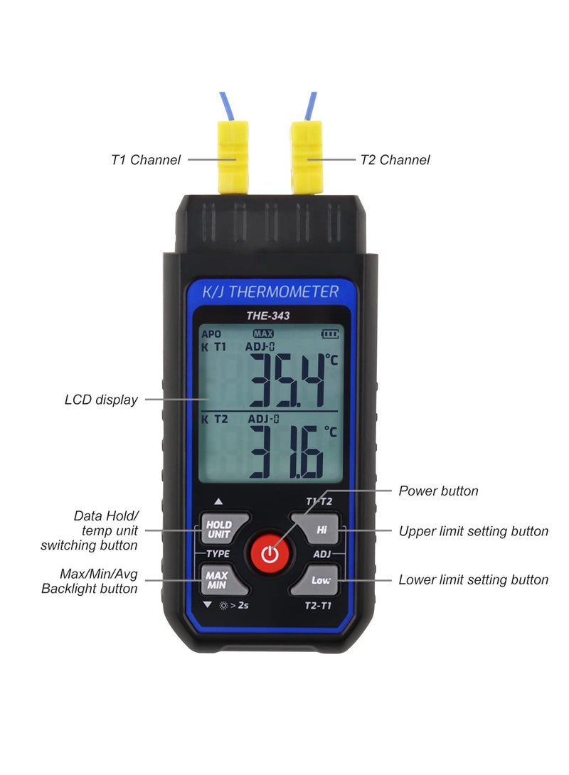 K/J Type Thermocouple Dual Channel Thermometer, T1-T2 Channel Temperature Measurement Wide Range Digital Thermometer with Backlight and Thermocouple Temperature Compensation