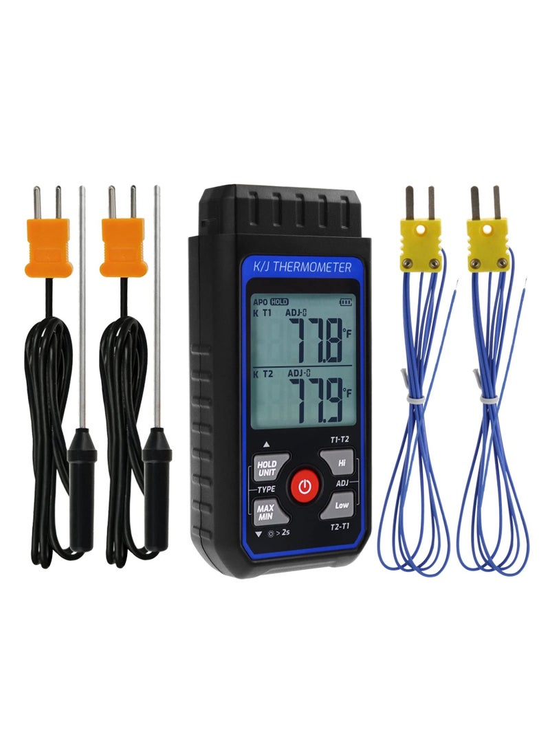 K/J Type Thermocouple Dual Channel Thermometer, T1-T2 Channel Temperature Measurement Wide Range Digital Thermometer with Backlight and Thermocouple Temperature Compensation