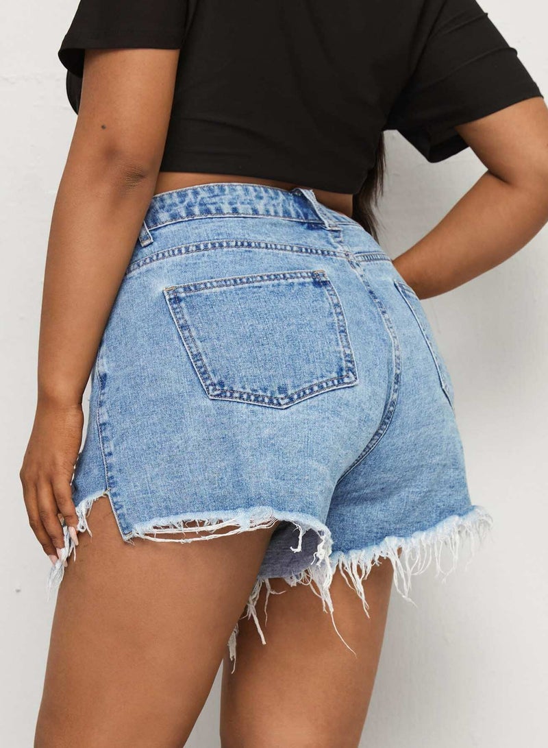 Plus Light Wash Raw Hem Ripped Denim Shorts