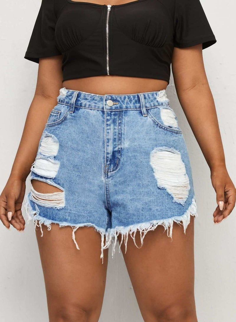 Plus Light Wash Raw Hem Ripped Denim Shorts