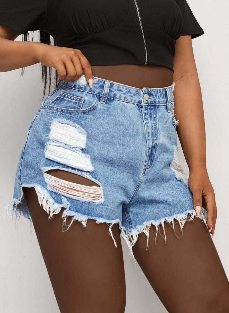 Plus Light Wash Raw Hem Ripped Denim Shorts