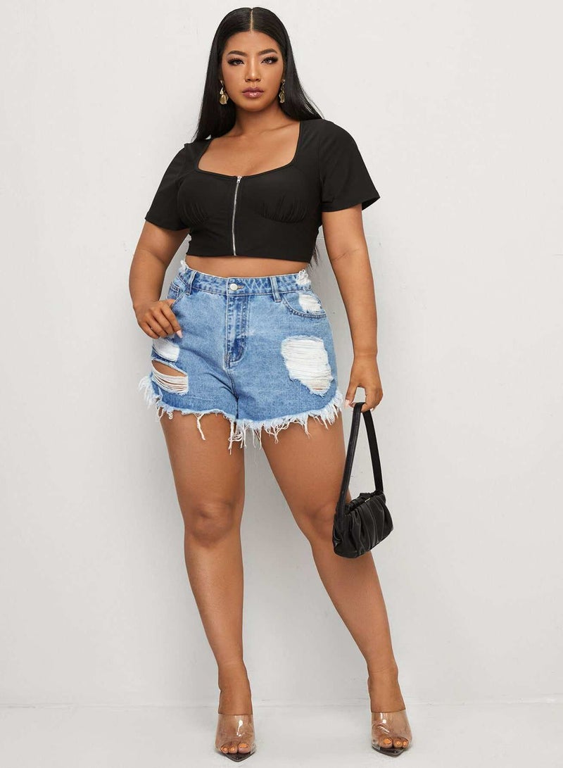 Plus Light Wash Raw Hem Ripped Denim Shorts