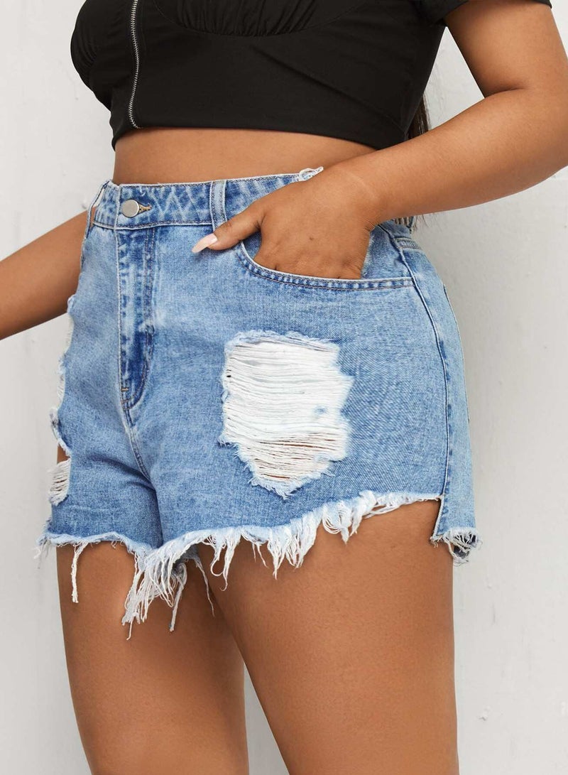 Plus Light Wash Raw Hem Ripped Denim Shorts