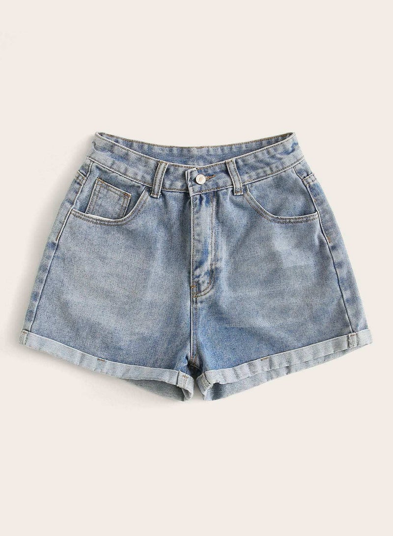 Plus Rolled Hem Bleach Wash Denim Shorts