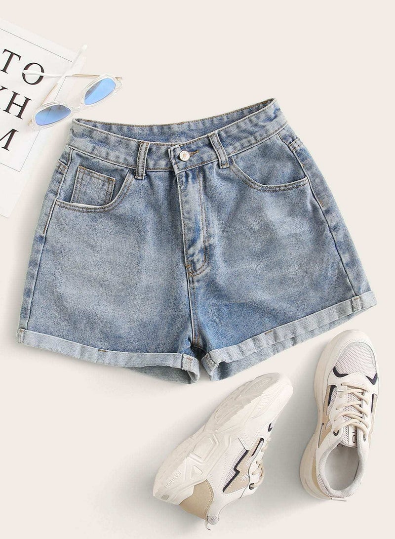 Plus Rolled Hem Bleach Wash Denim Shorts