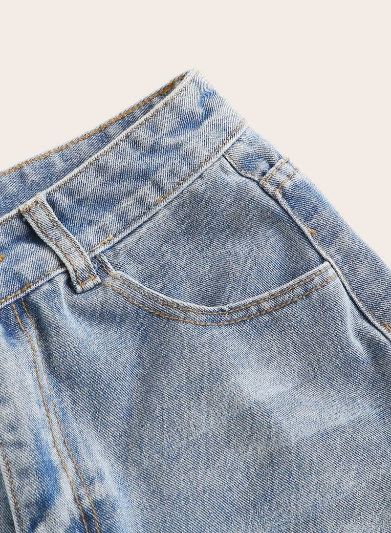 Plus Rolled Hem Bleach Wash Denim Shorts