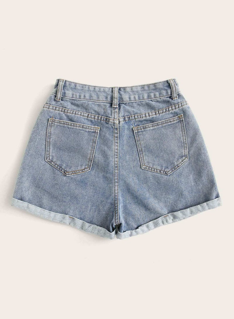 Plus Rolled Hem Bleach Wash Denim Shorts