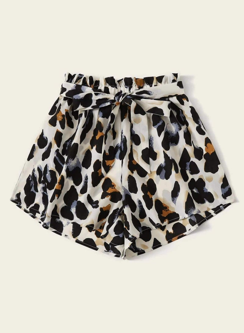 Plus Allover Print Paperbag Belted Shorts