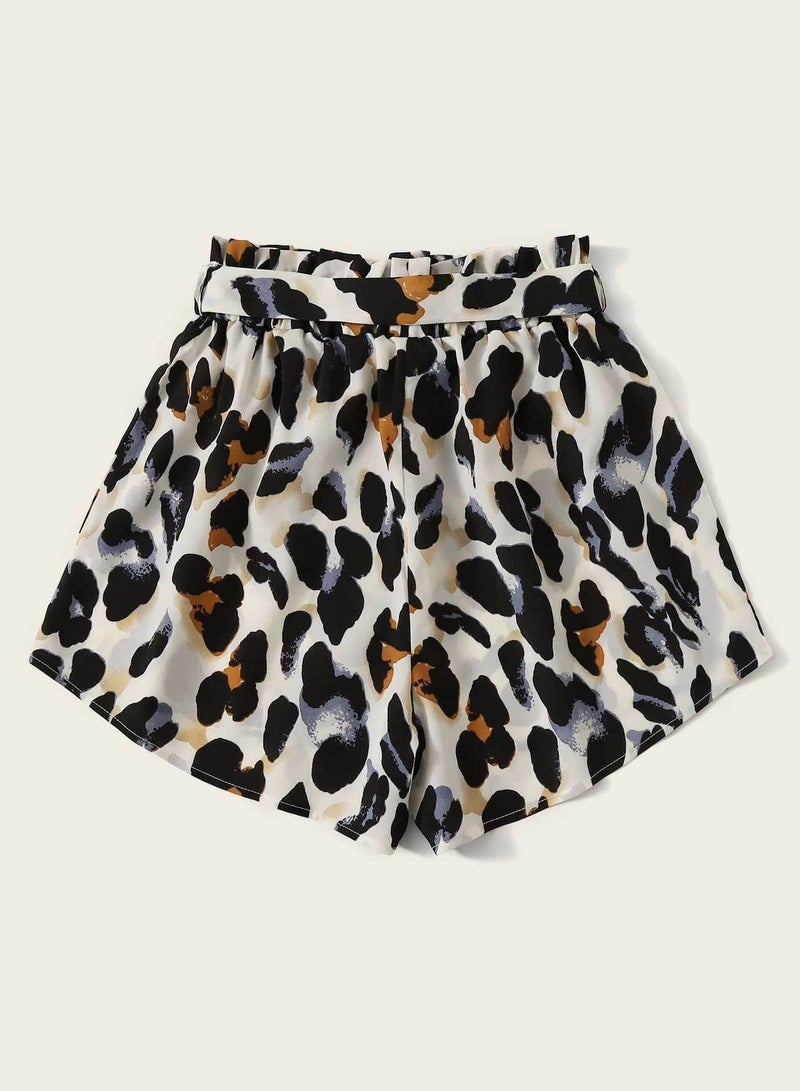 Plus Allover Print Paperbag Belted Shorts