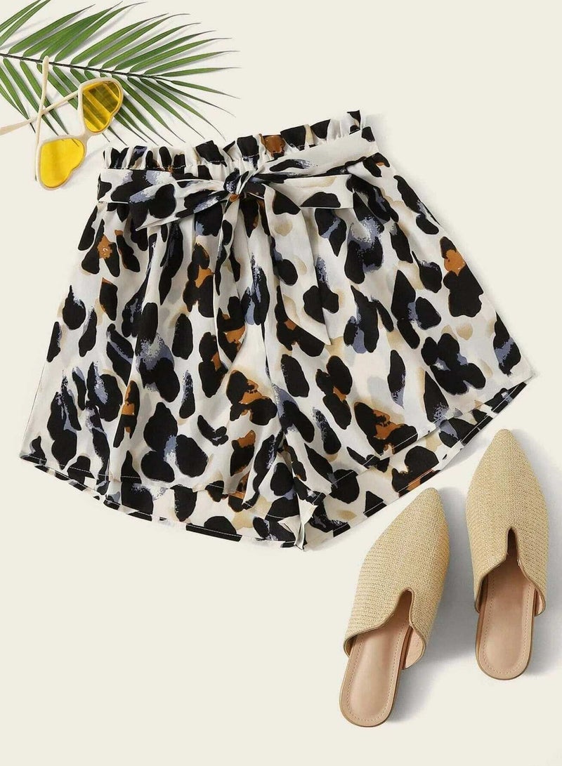 Plus Allover Print Paperbag Belted Shorts