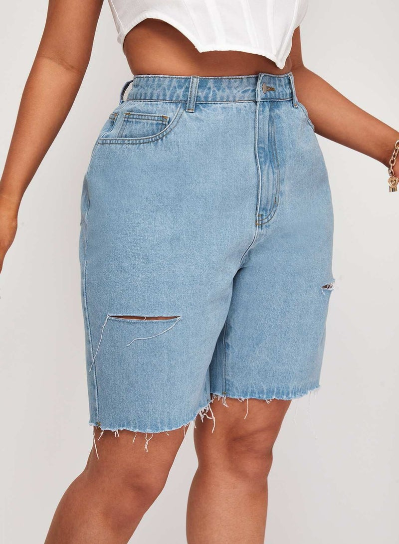 Plus Ripped Raw Hem Bermuda Denim Shorts