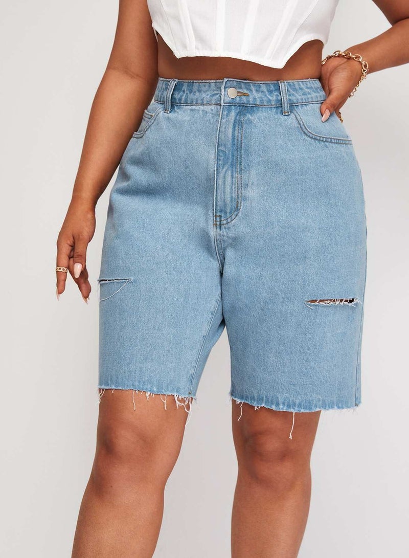 Plus Ripped Raw Hem Bermuda Denim Shorts