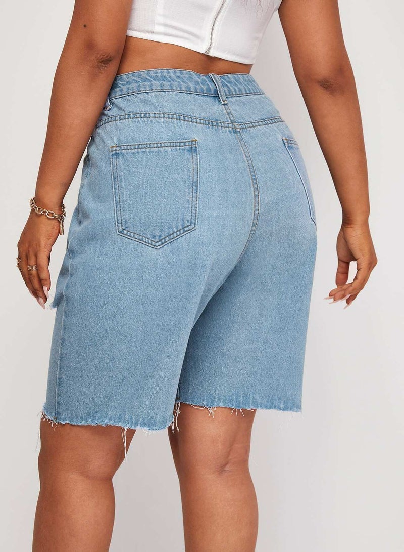 Plus Ripped Raw Hem Bermuda Denim Shorts